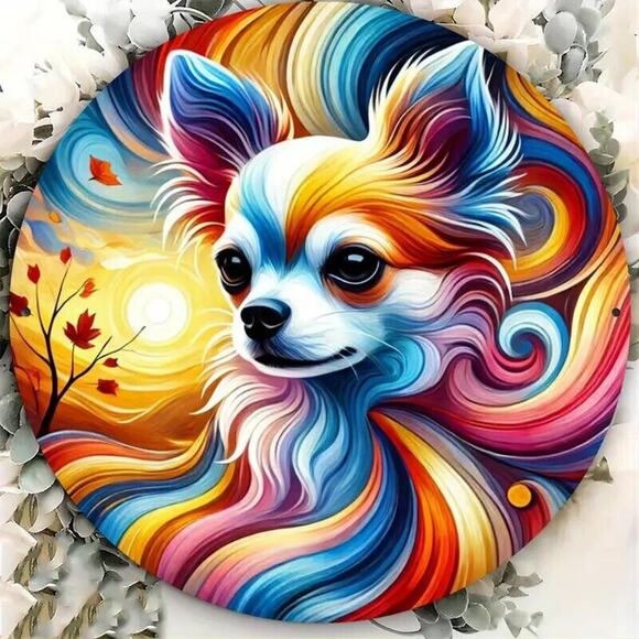 Vibrant Rainbow-Colored Foil Engraved Chihuahua Metal Sign Décor • Round 8x8in - Picture 2 of 10